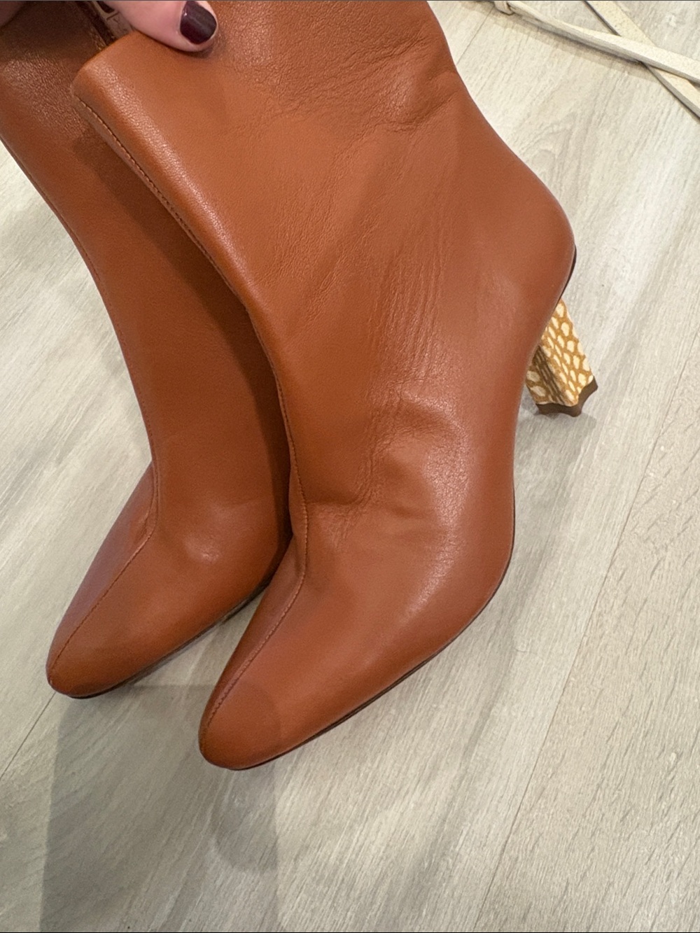 STAUD Tan Leather Pointed Ankle Booties with Sculpted Gold Heel